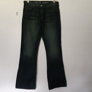 Guess Jeans Mens 32x32 Blue Falcon Boot Cut Denim Distressed Button Fly Whiskers